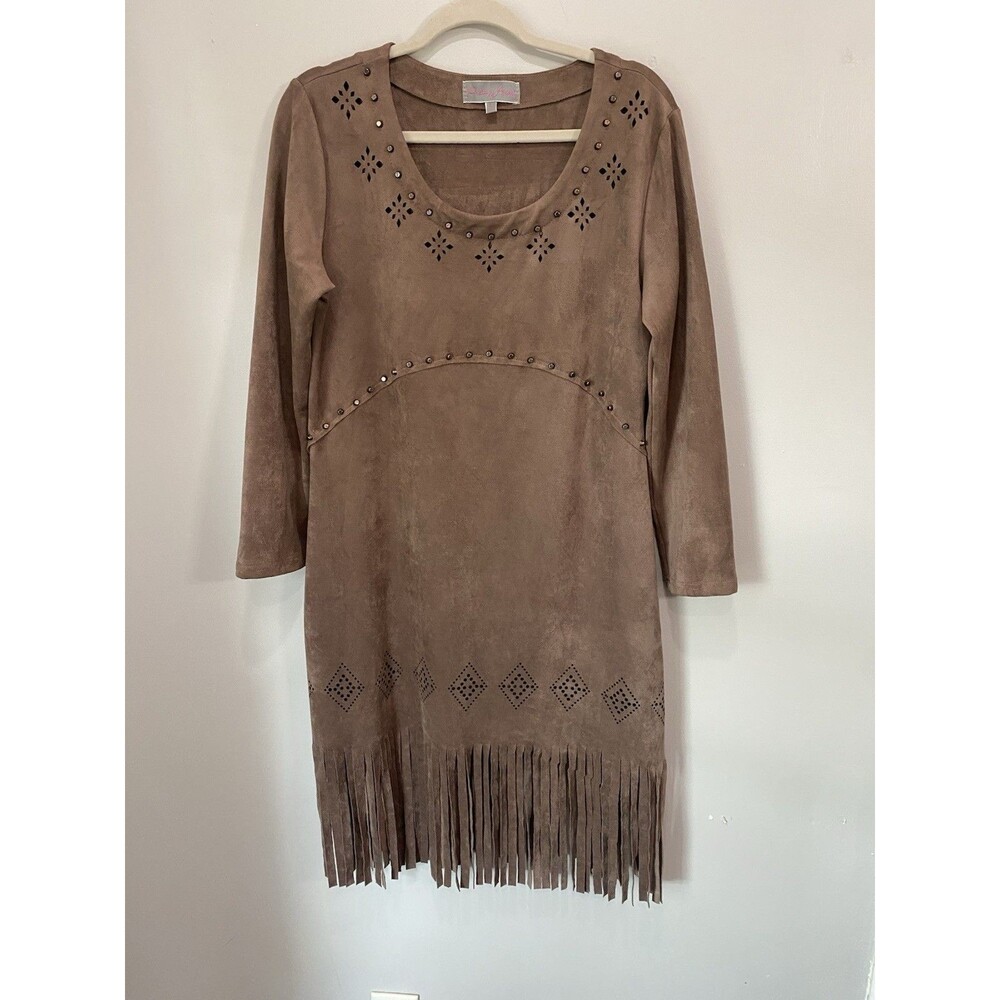 Pretty Angel Brown Faux Suede Fringe Midi Dress Long Sleeve Studded Sz L Western